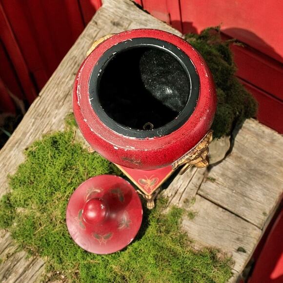 Red Tole Metal Urn-Oriental Accents-Brass Lion Head Handles-Vintage-Chestnut-Lid - Picture 7 of 10
